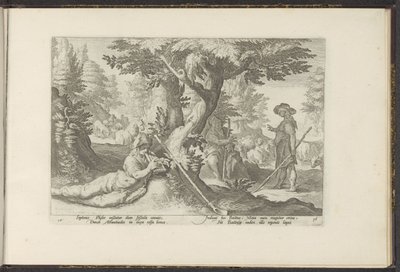 Mercúrio em Battus Metamorfosen de Ovídio (título da série) Herscheppingen van P. Ovidius Naso (título da série) de Hendrick Goltzius (workshop of)
