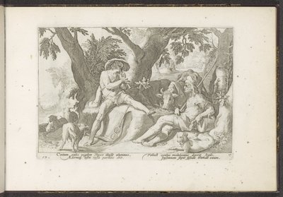Mercúrio toca flauta para Argus Metamorfoses de Ovídio (título da série) Recriações de P. Ovidius Naso (título da série) de Hendrick Goltzius (workshop of)