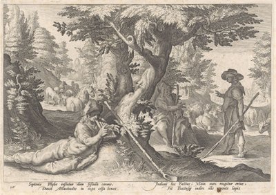 Mercúrio transforma Battus em pedra Metamorfoses de Ovídio (título da série) de Hendrick Goltzius (workshop of)