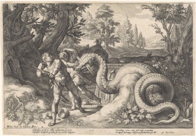 Companheiros de Cadmus devorados por um dragão
Metamorfoses de Ovid (título da série) de Hendrick Goltzius (workshop of)