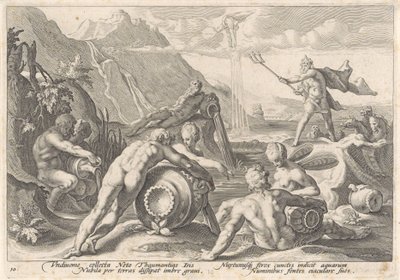 Netuno ordena que os deuses do rio causem uma inundação Metamorfoses de Ovídio (título da série) de Hendrick Goltzius (workshop of)