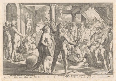 Phaëthon pergunta a Apollo se ele pode montar na sua carruagem
Metamorfoses por Ovid (título da série) de Hendrick Goltzius (workshop of)