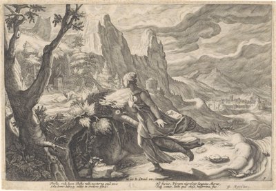 Thisbe foge da leoa Metamorfoses de Ovídio (título da série) de Hendrick Goltzius (workshop of)