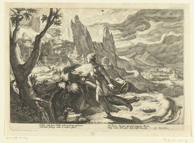 Thisbe foge de um leão Metamorfoses de Ovídio (título da série) de Hendrick Goltzius (workshop of)