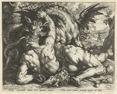 Um dragão devorando os companheiros do Cadmus
Companheiros de Cadmus devorados por um dragão de Hendrick Goltzius