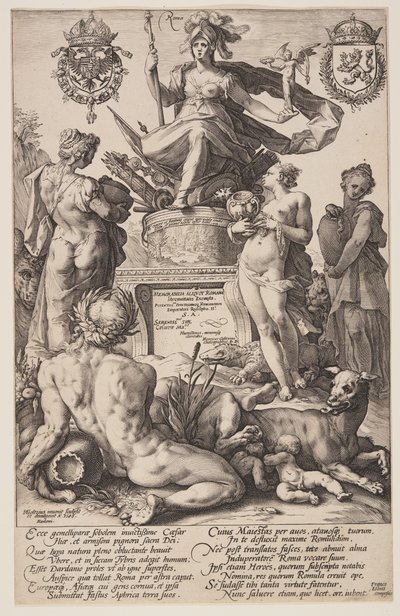 Alegoria de Roma, placa de título de Os heróis romanos de Hendrick Goltzius