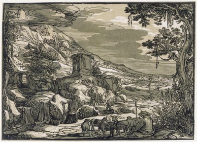 Paisagem arcádica com um pastor de Hendrick Goltzius