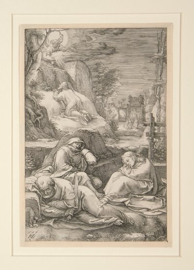 Cristo no Monte das Oliveiras (A Agonia no Jardim), de A Paixão, nº 2 em uma série de 12 gravuras de Hendrick Goltzius