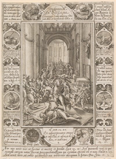 «Dissidium in Ecclesia», folha 8 da série «Alegorias da fé cristã» de Hendrick Goltzius