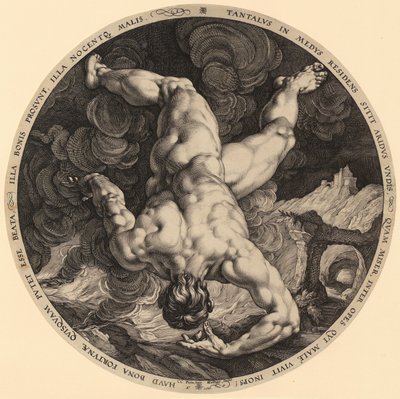 Queda de Tântalo, prancha 1 da série «Os quatro assaltantes do céu» de Hendrick Goltzius