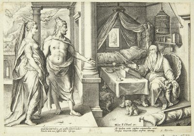 Júpiter e Juno consultam Tirésias de Hendrick Goltzius
