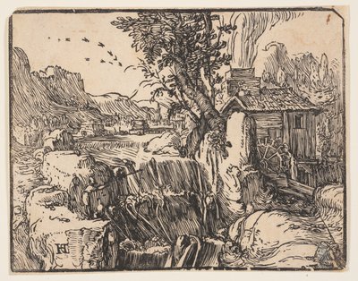 Paisagem com uma queda de água de Hendrick Goltzius