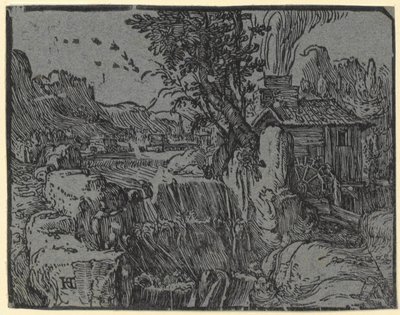 Paisagem com cascata e moinho, prancha 1 da série «Quatro pequenas paisagens» de Hendrick Goltzius