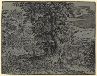 Paisagem com casal sentado e pastor, prancha 2 da série «Quatro pequenas paisagens» de Hendrick Goltzius