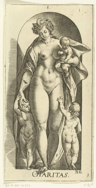 Amor
Caridade (título sobre o objecto)
As sete virtudes (título da série) de Hendrick Goltzius