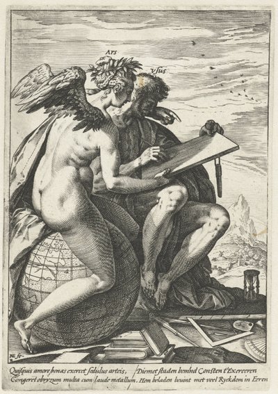 Exercício e Arte (Ars/Usus) A recompensa do trabalho, diligência, prática e arte (título da série) de Hendrick Goltzius