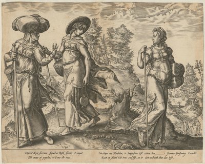 Orfa despede-se de Rute e de Noemi [página 1] e Rute perante Boaz no campo [página 2], páginas 1 e 2 da série «A História de Rute» de Hendrick Goltzius