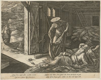 Rute e Boaz no celeiro, página 3 da série «A História de Rute» de Hendrick Goltzius