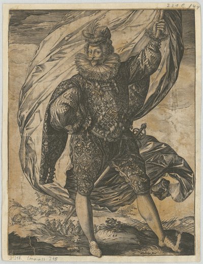 Porta-bandeira em pé, com a cabeça virada para a esquerda de Hendrick Goltzius