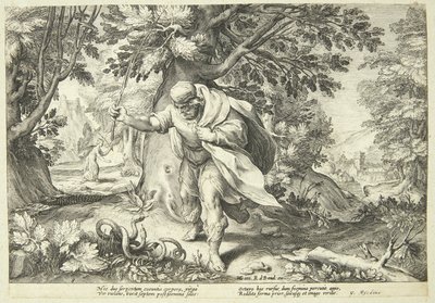 Teiresias ataca duas cobras em acasalamento com seu cajado de Hendrick Goltzius