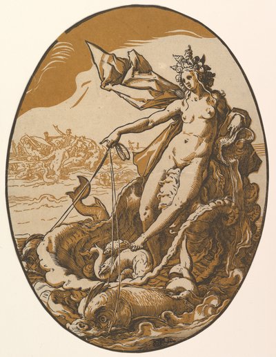 Tétis reclinada num gigantesco carro em forma de concha puxado por duas criaturas marinhas, de «As Divindades» de Hendrick Goltzius