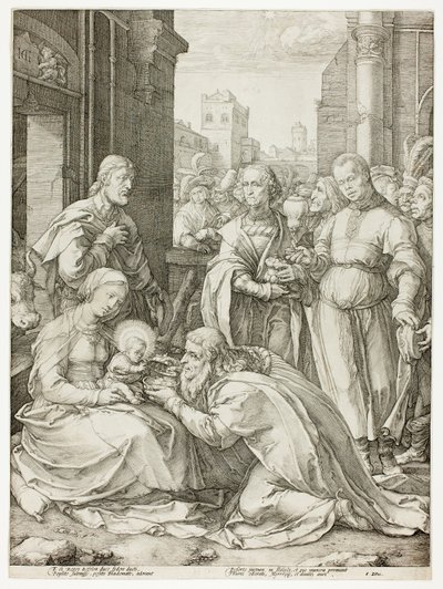A Adoração dos Magos, placa cinco de O Nascimento e Início da Vida de Cristo de Hendrick Goltzius