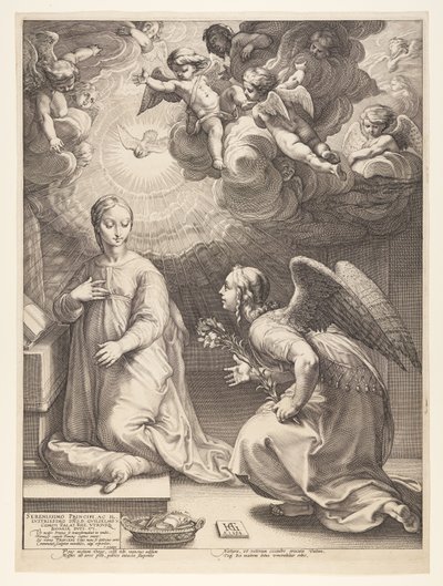 A Anunciação, de O nascimento e os primórdios da vida de Cristo de Hendrick Goltzius