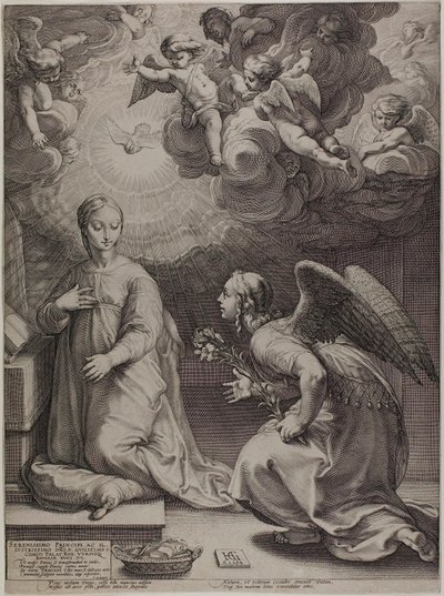 A Anunciação, placa um de O Nascimento e Início da Vida de Cristo de Hendrick Goltzius