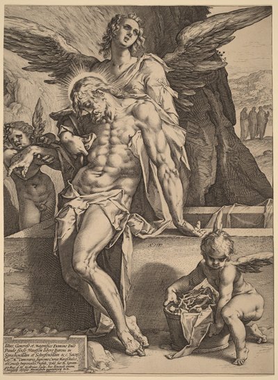 O corpo de Cristo amparado por anjos de Hendrick Goltzius