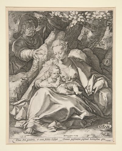 A Sagrada Família sob a cerejeira / Descanse na fuga para o Egito sob uma cerejeira de Hendrick Goltzius