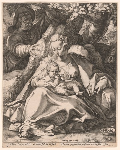 A Sagrada Família debaixo de uma cerejeira de Hendrick Goltzius