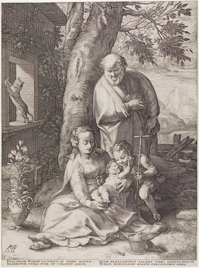 A Sagrada Família com o Menino João Batista, placa seis do nascimento e início da vida de Cristo de Hendrick Goltzius
