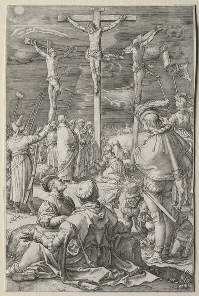 A Paixão: Cristo da Cruz entre os dois ladrões de Hendrick Goltzius