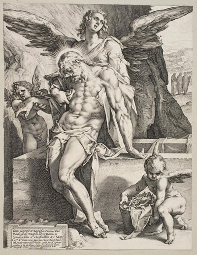 O corpo de Cristo sustentado por um anjo de Hendrick Goltzius
