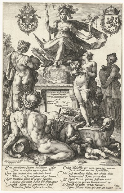 Impressão do título da série de impressão The Roman Heroes
Roma (título sobre o objecto)
Os heróis romanos (título da série) de Hendrick Goltzius