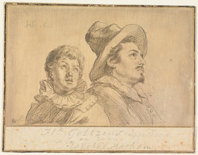Dois homens, possivelmente Jan Matthijs Ban e Philips van Winghe (anverso). Rapaz com chapéu, retratado até à cintura. Nos braços, segura um velho falecido (verso) de Hendrick Goltzius