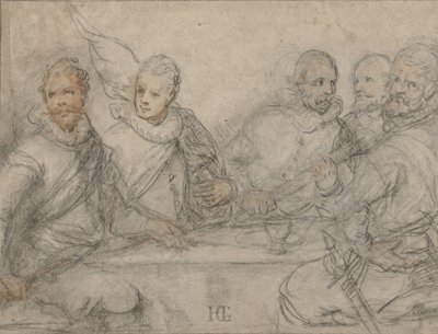 Cinco oficiais, estudem para uma refeição de pistoleiros. de Hendrick Goltzius