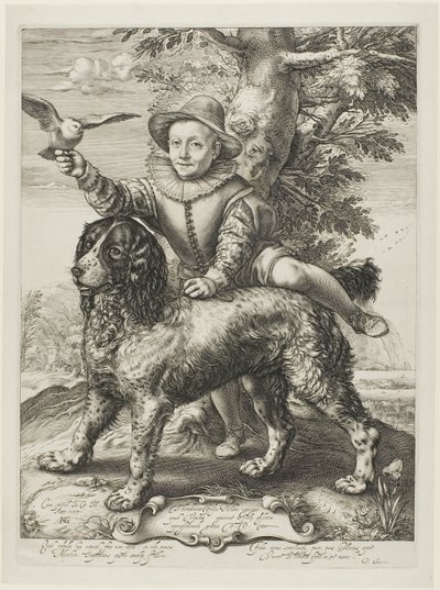 Vries, Frederik de (falecido em 1613), filho do pintor Dirck de Vries, aluno de Goltzius, com o cão de Goltzius de Hendrick Goltzius