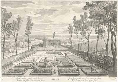 Abril, com uma empresa num jardim
Aprilis (título sobre o objecto)
Os doze meses (título da série) de Hendrick Hondius (I)