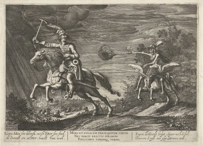 Cavaleiro e Morte
Nenhum Homem tão corajoso, nem Besta tão rápido, Morte e os ataca bem (título sobre o objecto) de Hendrick Hondius (I)