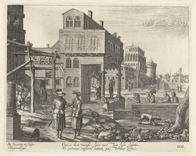 Paisagem de Cityscape com adoração pelos pastores de Hendrick Hondius (I)