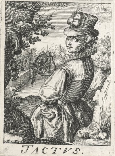 Sentindo (Tactus), uma mulher com um pássaro Tactus (título no objeto) Os cinco sentidos (título da série) de Hendrick Hondius (rejected attribution)