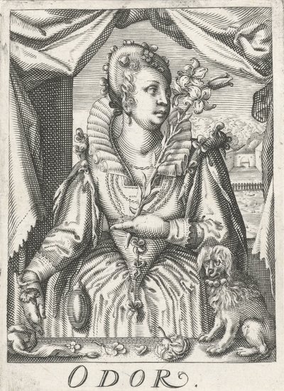 Odor (Odor), uma mulher com um ramo de flor
Odor (título sobre o objecto)
Os cinco sentidos (título da série) de Hendrick Hondius (rejected attribution)