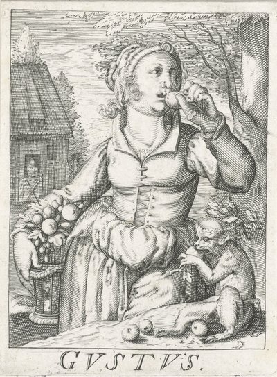 Sabor (Gustus), uma mulher com fruta
Gustus (título sobre o objecto)
Os cinco sentidos (título da série) de Hendrick Hondius (rejected attribution)