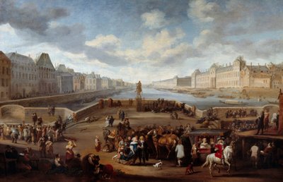 Vista de Paris com o Louvre, tirada da ponte Henri IV (Actuel Pont Neuf). Pintura de Hendricks Mommers (1623-1693) de Hendrick Mommers