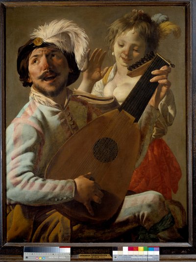 A dupla Uma cantora tocando alaúde com um dançarino. Pintura de Hendrick ter Brugghen (ou Terbrugghen de Hendrick ter Brugghen