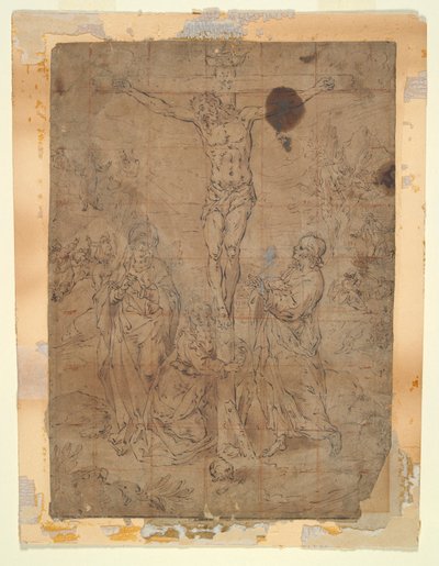 Cristo na Cruz entre a Virgem e São João com cenas da Paixão ao fundo de Hendrick de Clerck