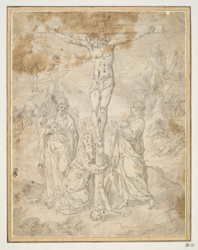 Cristo na Cruz entre a Virgem e São João com cenas da Paixão ao fundo de Hendrick de Clerck