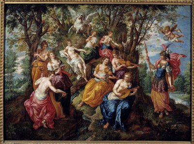 Visita de Minerva às Musas Pintura de Hendrick de Clerk (1570-1629) (ec.flam.) Século XVII Chalons Sur Marne. museu bela-Artes de Hendrick de Clerk