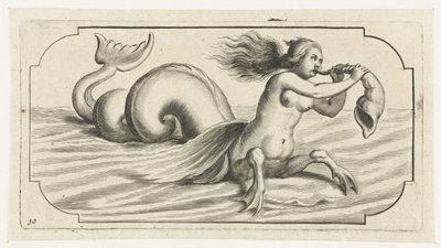 Uma figura feminina sopra sobre uma concha
Nouveau Livre des Dieux et Deeßes De la Marine Bouckje of Sea Gods and Goddesses (título da série) de Hendrick de Keyser (I)